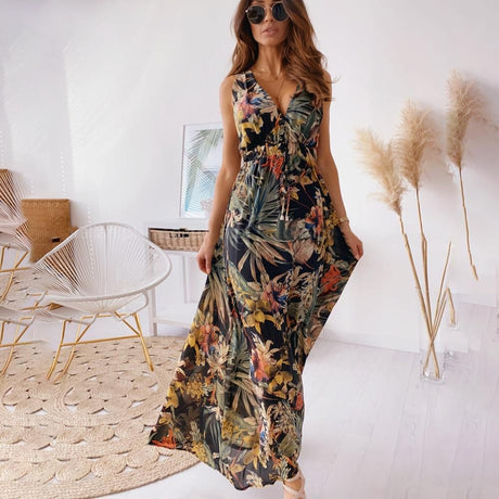 Deep V Neck Bohemian Dress - AMOROUSDRESS