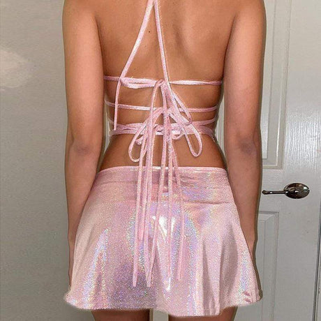 Glitter Pink Fairy Two Piece Rave Outfit - AMOROUSDRESS
