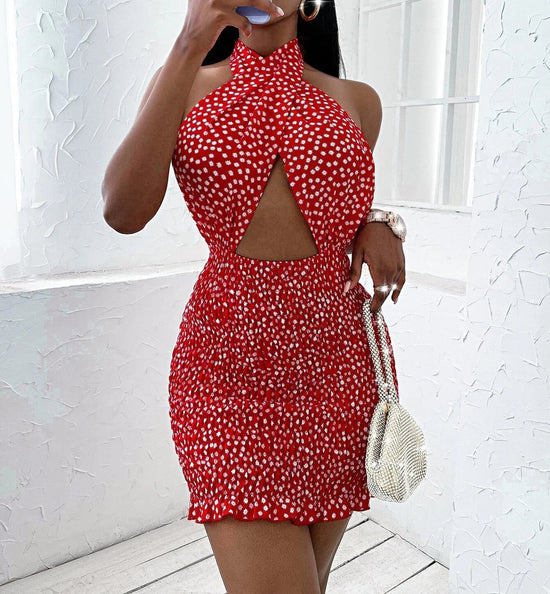 Polk-A-Dot Halter Mini Dress - AMOROUSDRESS