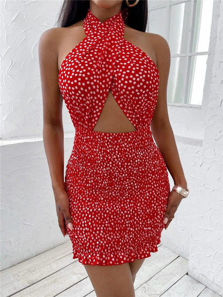 Polk-A-Dot Halter Mini Dress - AMOROUSDRESS