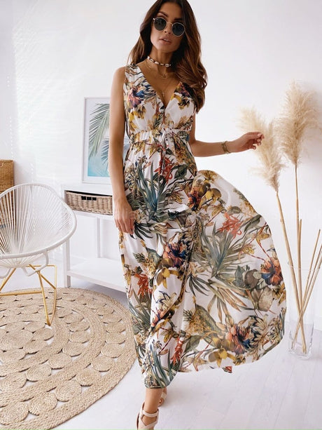 Deep V Neck Bohemian Dress - AMOROUSDRESS