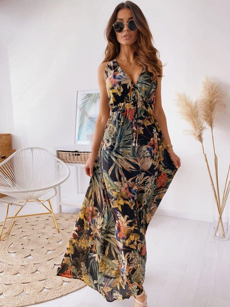 Deep V Neck Bohemian Dress - AMOROUSDRESS