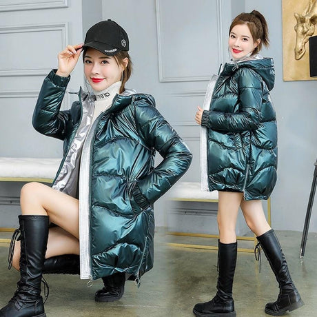 Glossy Down Cotton Hooded Jacket - AMOROUSDRESS