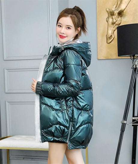 Glossy Down Cotton Hooded Jacket - AMOROUSDRESS