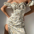 Floral Puff Sleeve Side Split Dress - AMOROUSDRESS