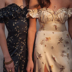 Floral Puff Sleeve Side Split Dress - AMOROUSDRESS