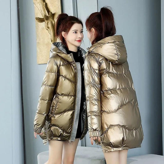 Glossy Down Cotton Hooded Jacket - AMOROUSDRESS