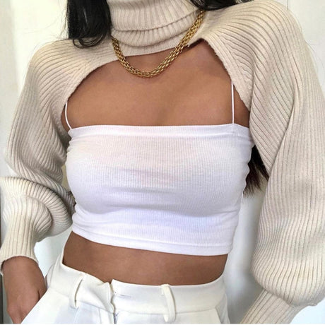 Knitted Turtleneck Crop Top Sweater - AMOROUSDRESS