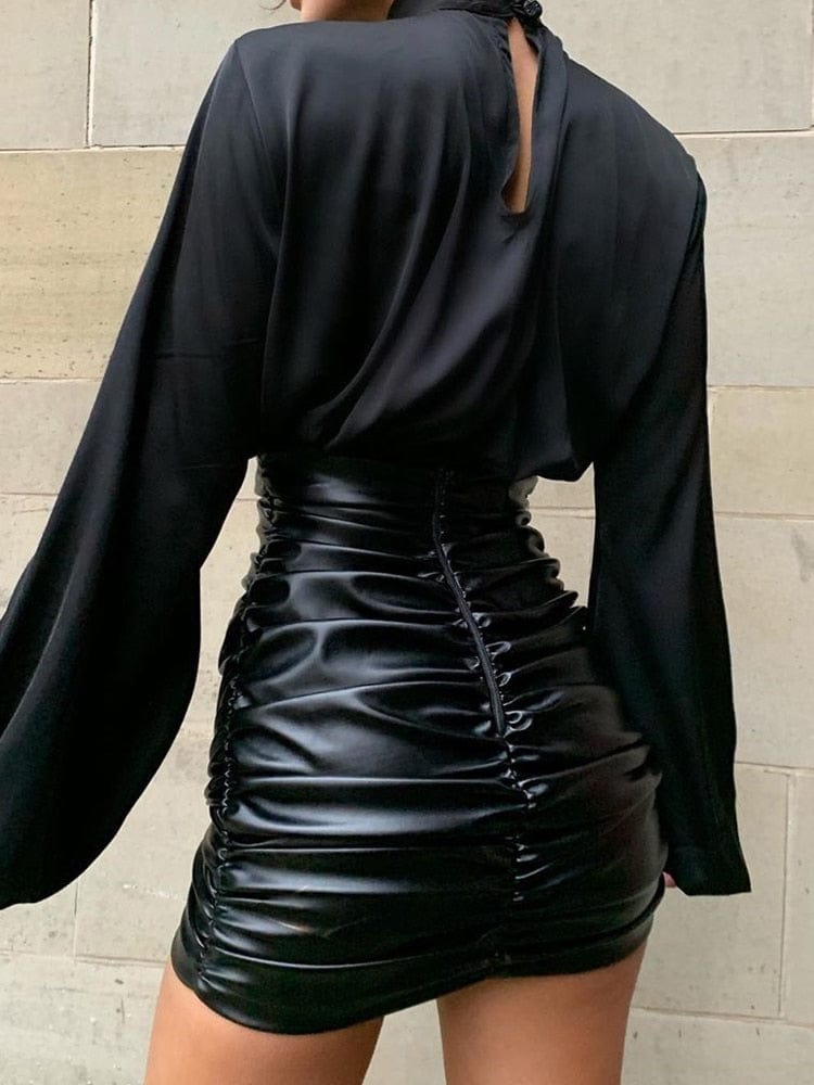 Pleated Leather Skirt Set - AMOROUSDRESS