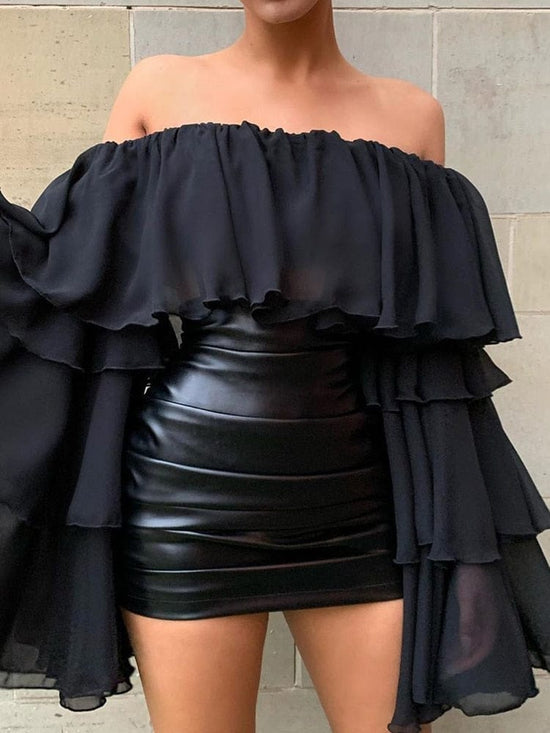 Pleated Leather Skirt Set - AMOROUSDRESS