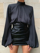 Pleated Leather Skirt Set - AMOROUSDRESS