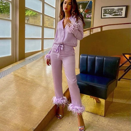 Classy Feather Homewear Suit - AMOROUSDRESS