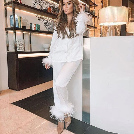 Classy Feather Homewear Suit - AMOROUSDRESS