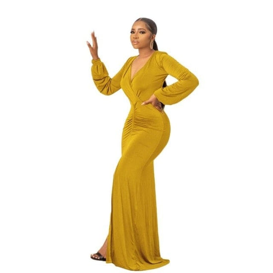 V Neck Lantern Sleeve Fashion Draped Dress - AMOROUSDRESS