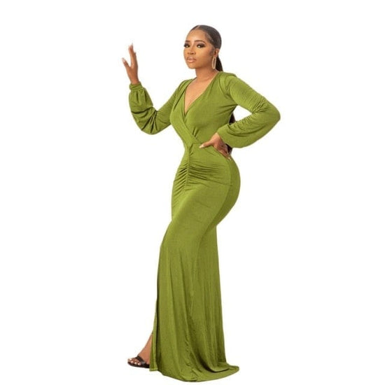 V Neck Lantern Sleeve Fashion Draped Dress - AMOROUSDRESS