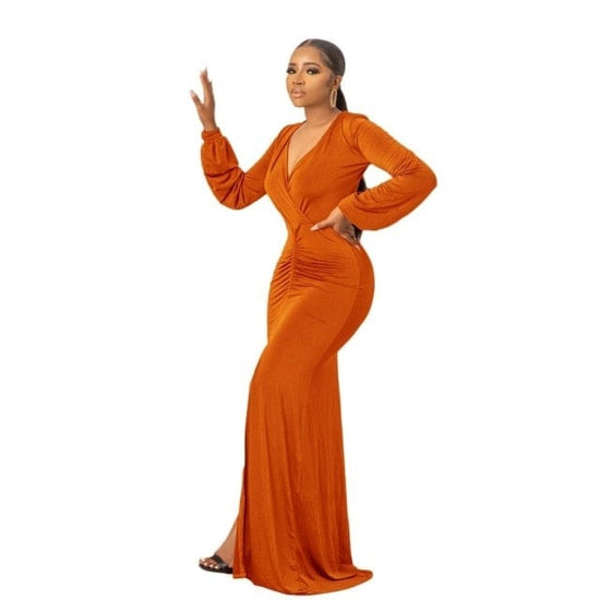 V Neck Lantern Sleeve Fashion Draped Dress - AMOROUSDRESS