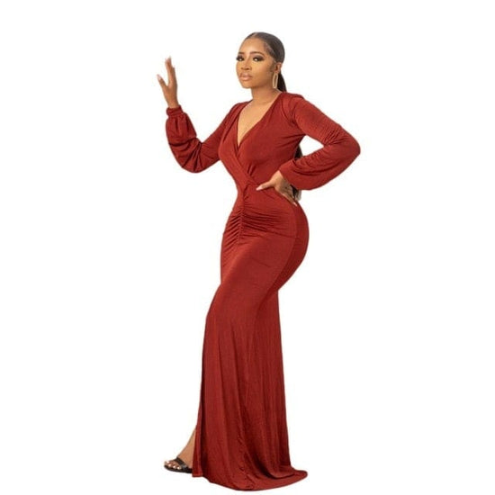 V Neck Lantern Sleeve Fashion Draped Dress - AMOROUSDRESS