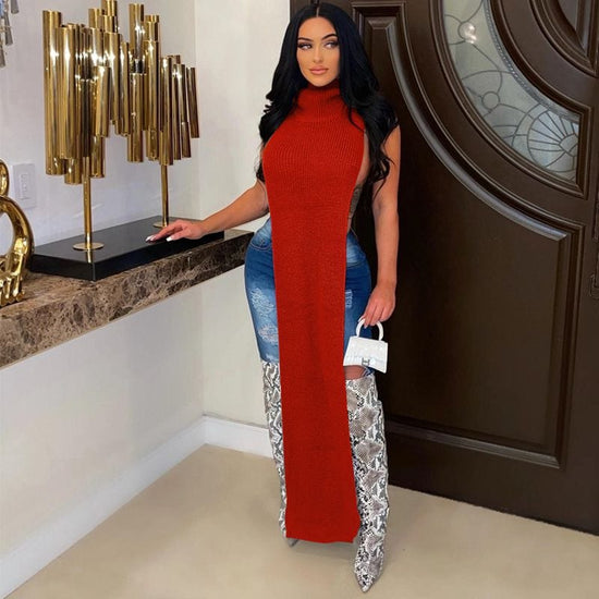 Daring Side Split Sweater Dress - AMOROUSDRESS