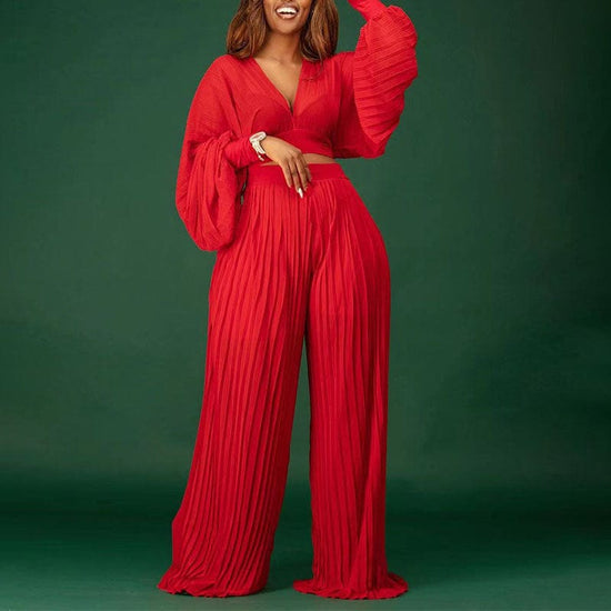Adorable V Neck Pleated Set - AMOROUSDRESS