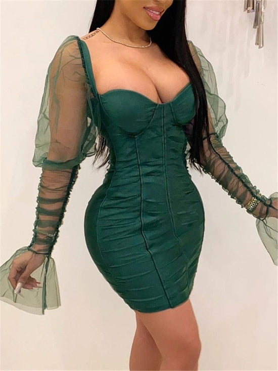 Mesh Puff Sleeve Party Dress - AMOROUSDRESS