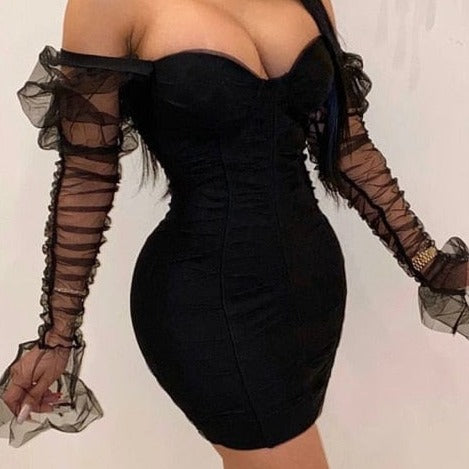 Mesh Puff Sleeve Party Dress - AMOROUSDRESS