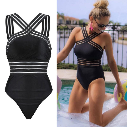 Striped Bandage Monokini Swimwear - AMOROUSDRESS